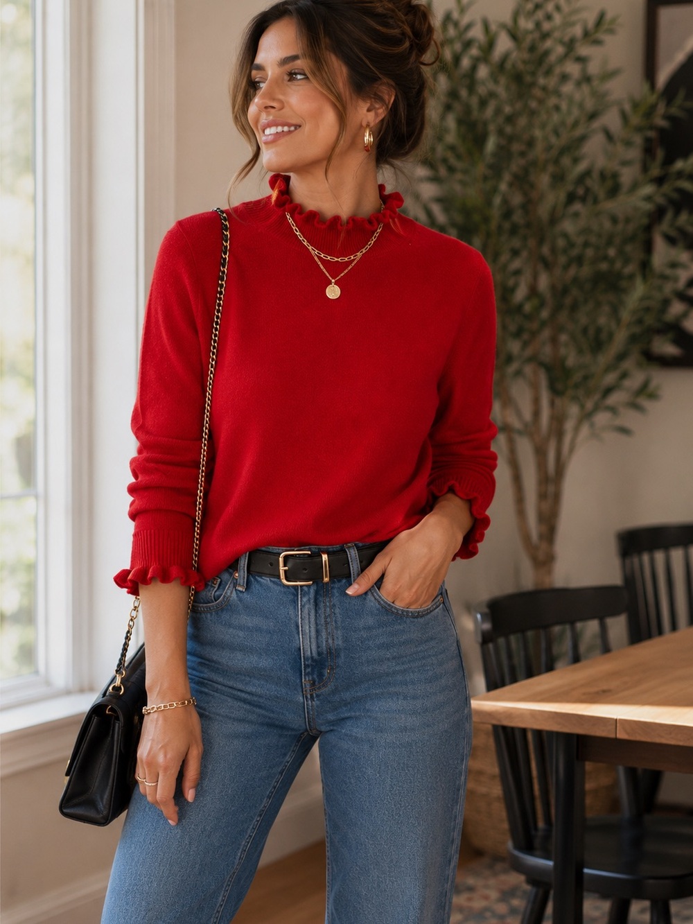 French Connection Red Ruffle Neck & Cuff Sweater Size L